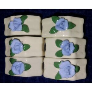 Set of 6 Vintage Porcelain Napkin Rings 3D Blue Rosettes Floral Cream Hexagon